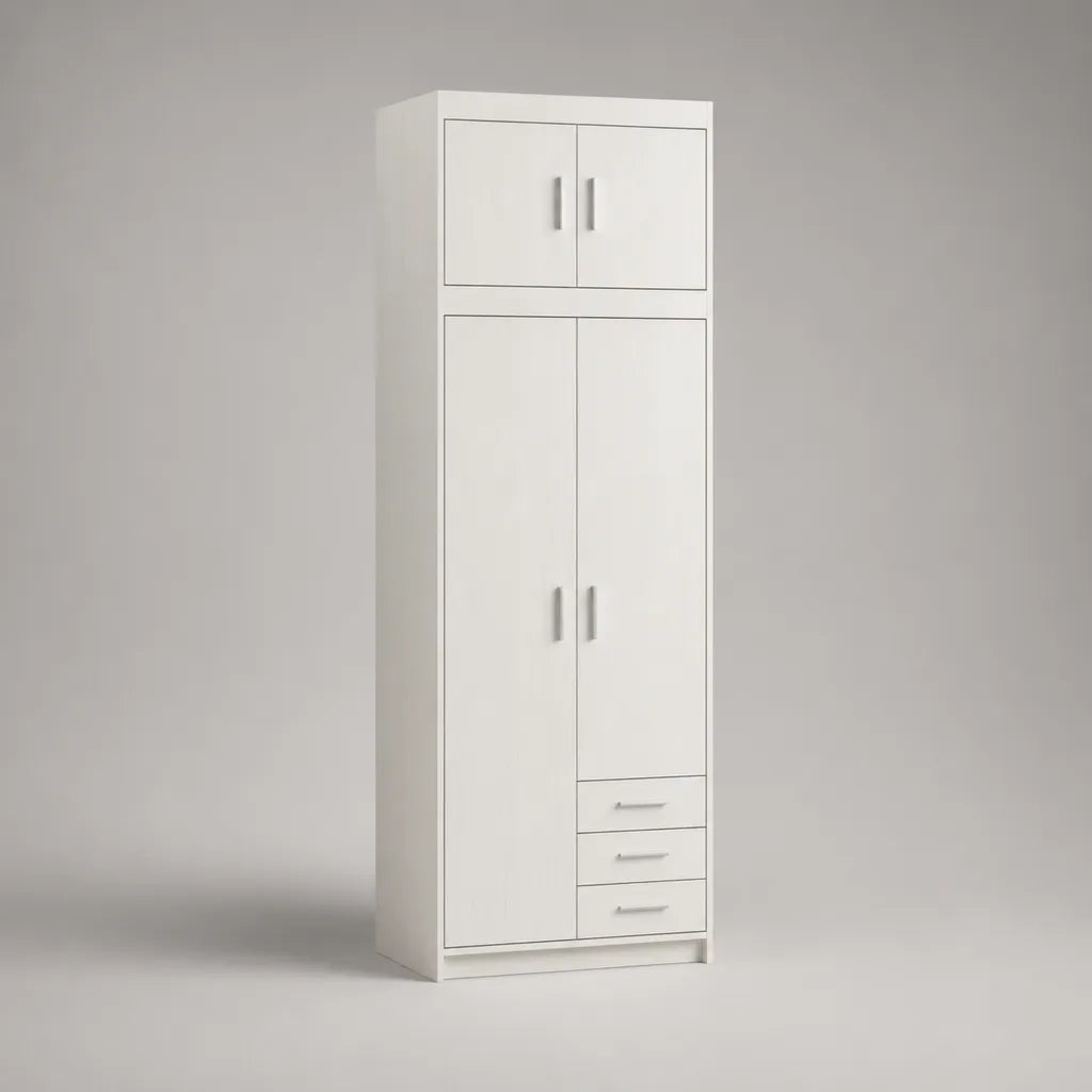 Kleiderschrank mit 4 Drehtüren und 3 Schubladen aus melaminharzbeschichteter Spanplatte, Weiß, 80 × 50 × 200 cm