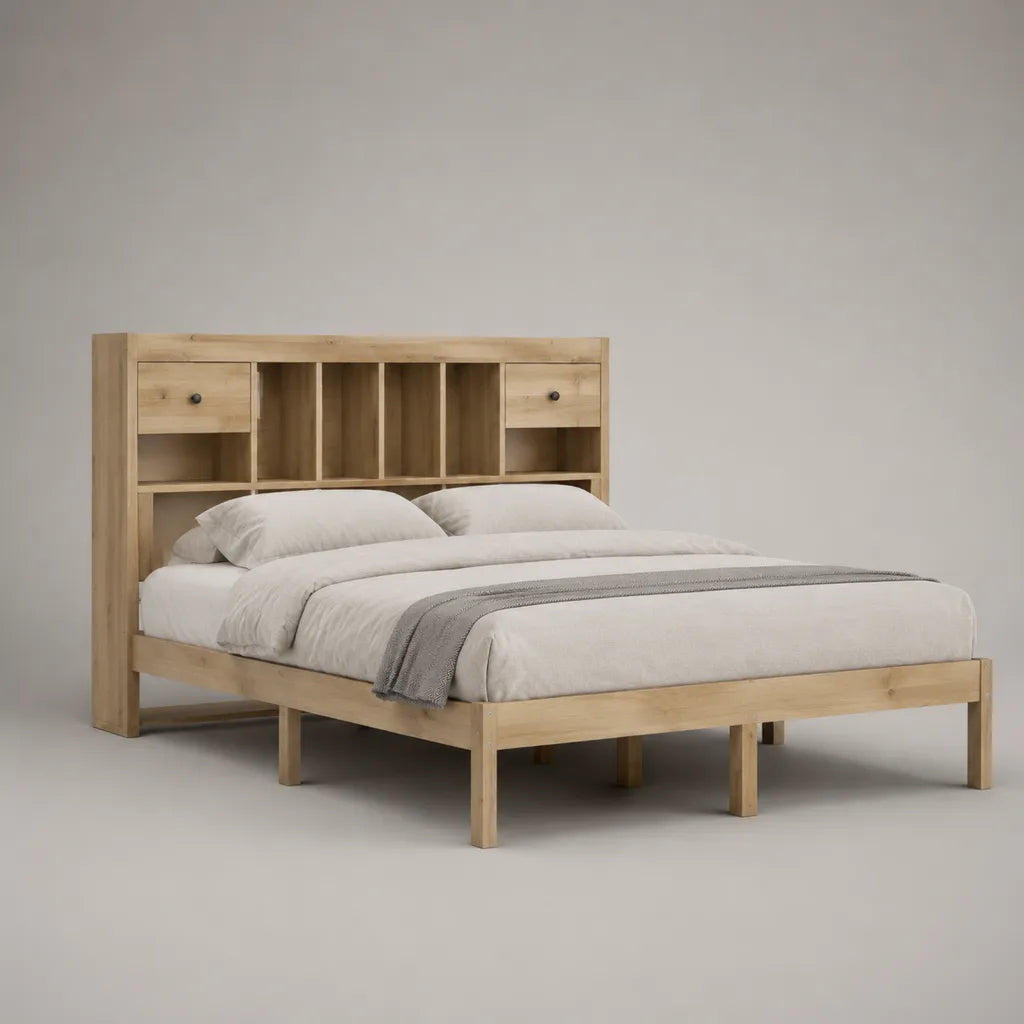 Doppelbett aus massivem Kiefernholz mit Stauraum-Kopfteil, Natur und Schwarz, Liegefläche 160 × 200 cm, Gesamtmaß 180 × 220 × 120 cm