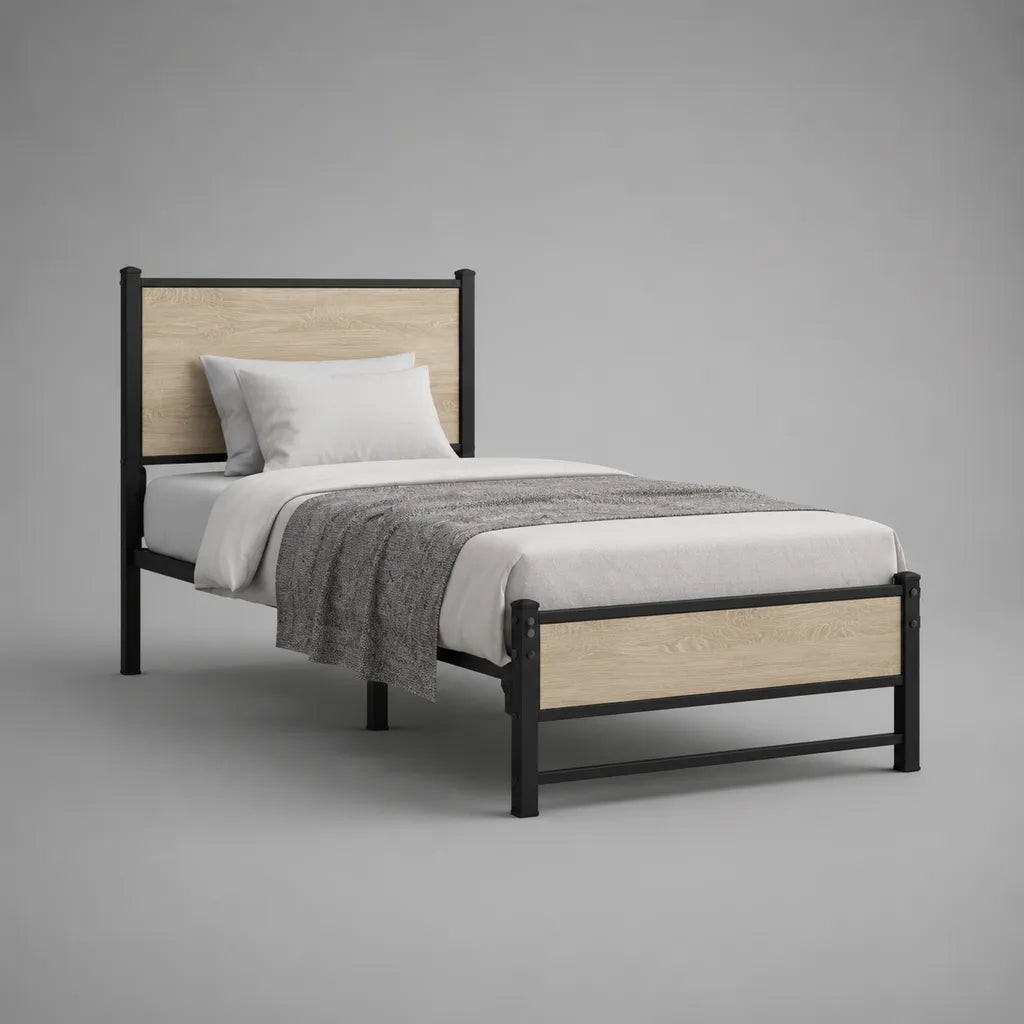 Einzelbett mit Metallbettgestell und Holzplatten, Schwarz und Eichefarben, Liegefläche 90 × 200 cm, Gesamtmaß 208 × 96 × 110 cm