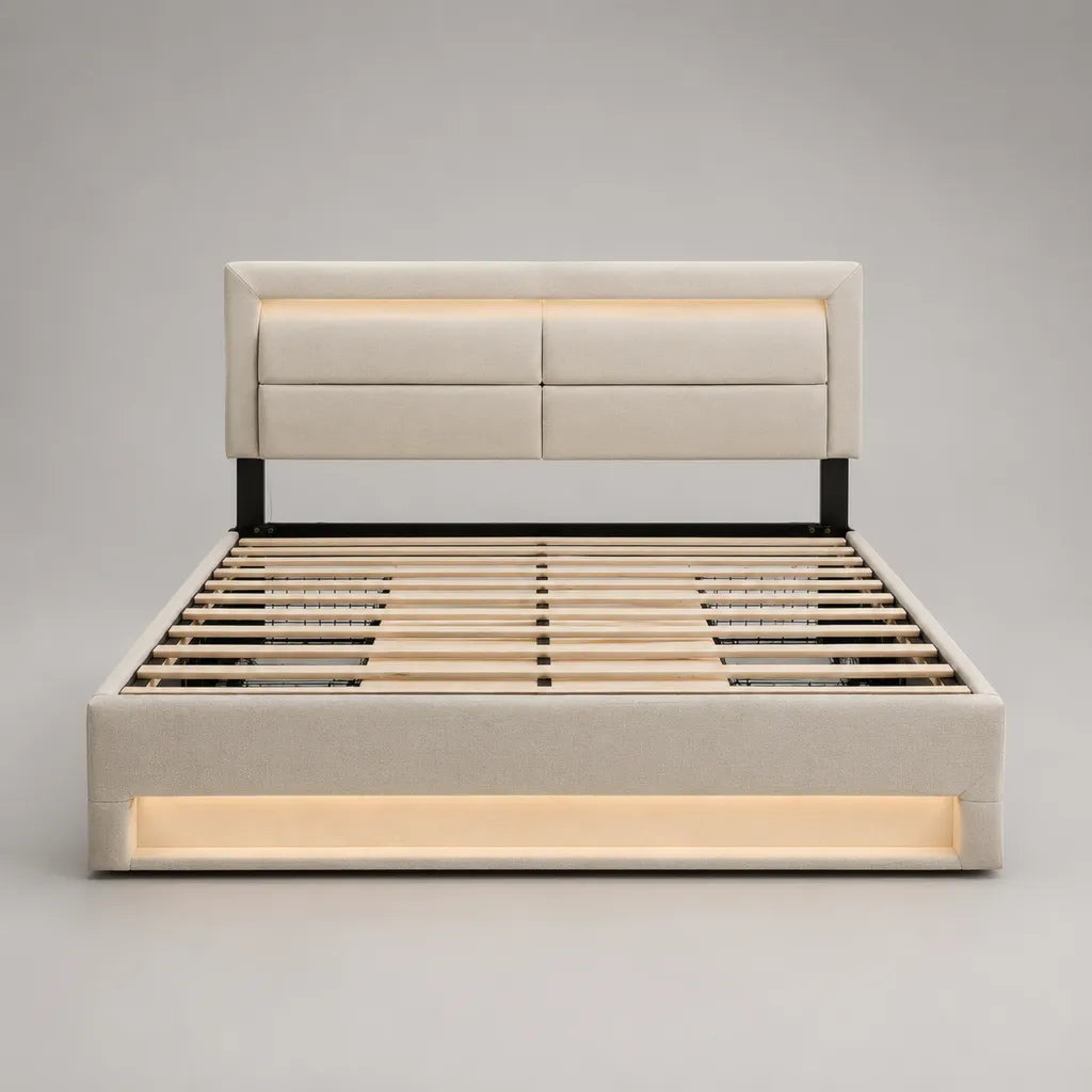 Polsterbett Doppelbett 160 × 200 cm mit LED-Beleuchtung, Stoffbezug, Holzlattenrost und Metallrahmen, Cremeweiß
