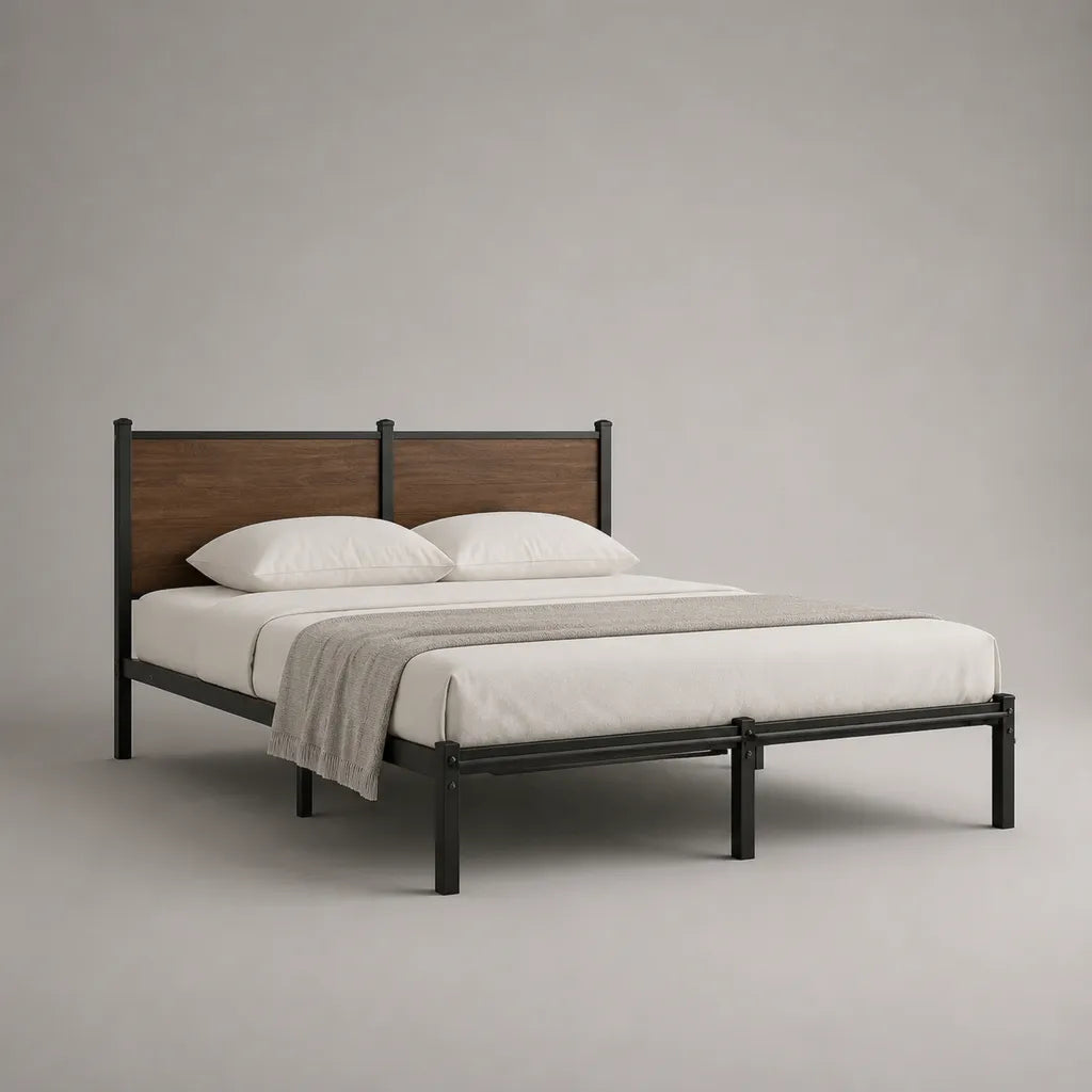 Doppelbett Metallbett mit MDF-Kopfteil, Schwarz/Walnussbraun, Liegefläche 160 x 200 cm, Gesamtmaß 207 x 166 x 112 cm