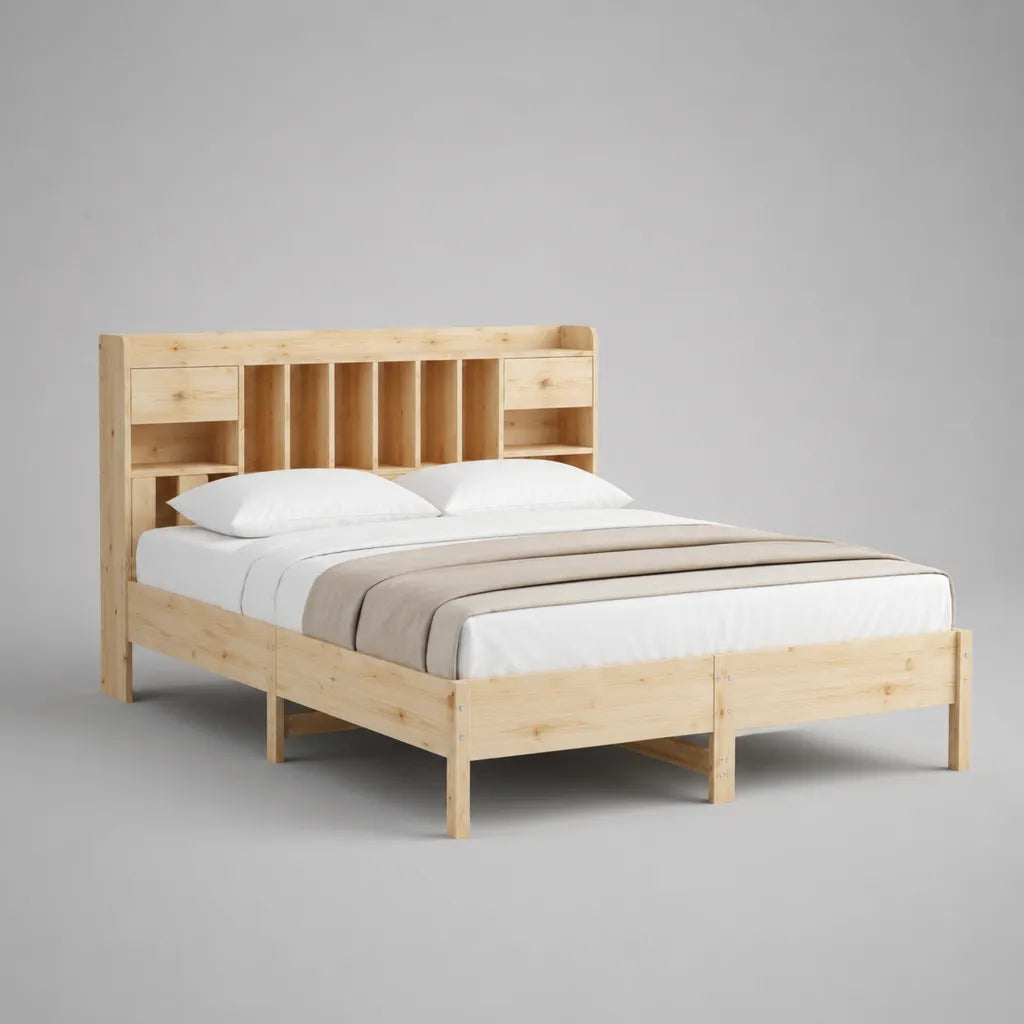Doppelbett mit Stauraumkopfteil aus massivem Kiefernholz, Natur, Liegefläche 160 × 200 cm