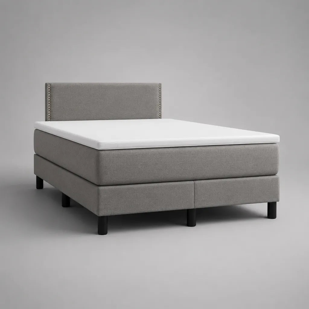 Boxspringbett-Set aus Holz mit Matratze, Topper und Stoffbezug, Grau, 180 × 200 cm