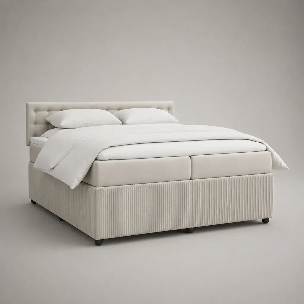 Boxspringbett 180 × 200 cm mit Taschenfederkernmatratzen, Topper und gepolstertem Kopfteil, Polyesterbezug, Cremeweiß