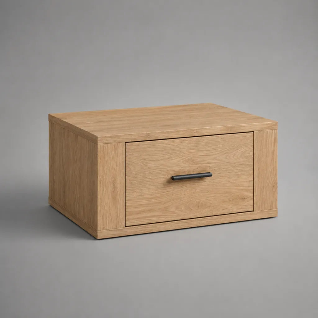 Nachttisch aus MDF mit Eichenfurnier und Schublade, Eiche Natur und Schwarz, 60 × 40 × 35 cm
