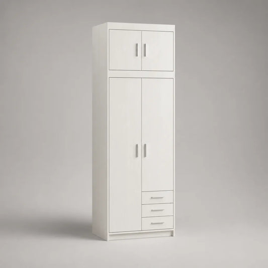 Kleiderschrank mit 4 Drehtüren und 3 Schubladen aus melaminharzbeschichteter Spanplatte, Weiß, 80 × 50 × 200 cm