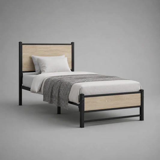 Einzelbett mit Metallbettgestell und Holzplatten, Schwarz und Eichefarben, Liegefläche 90 × 200 cm, Gesamtmaß 208 × 96 × 110 cm