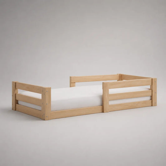 Kinder-Bodenbett 90 × 200 cm mit Rausfallschutz aus massivem Kiefernholz, Natur