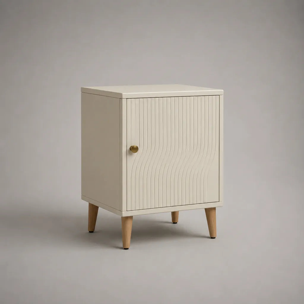 Nachttisch mit Tür und geriffelter Front aus MDF und Buchenmassivholz, Cremeweiß, 45 × 38 × 65 cm