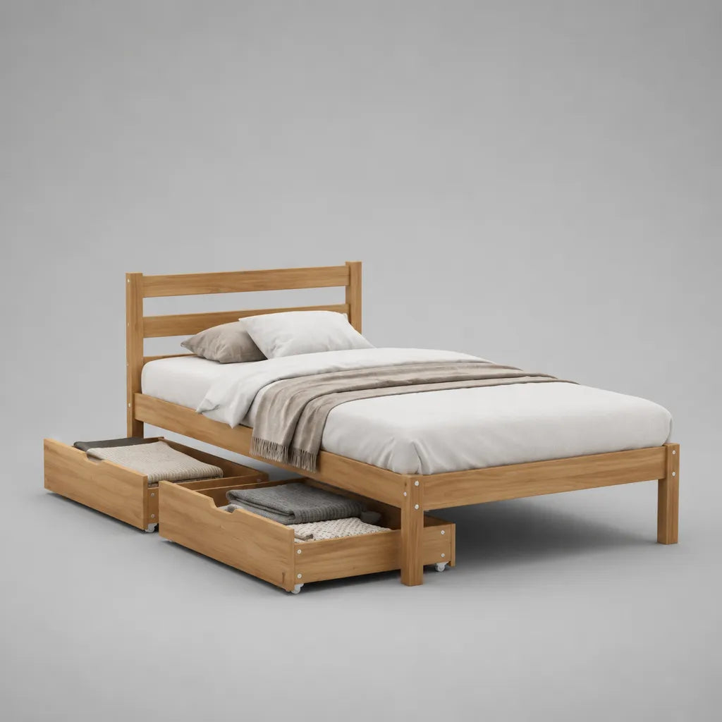 Einzelbett aus massivem Kiefernholz mit 2 Rollschubladen, Natur, Liegefläche 90 × 200 cm, Gesamtmaß 209 × 98 × 90 cm