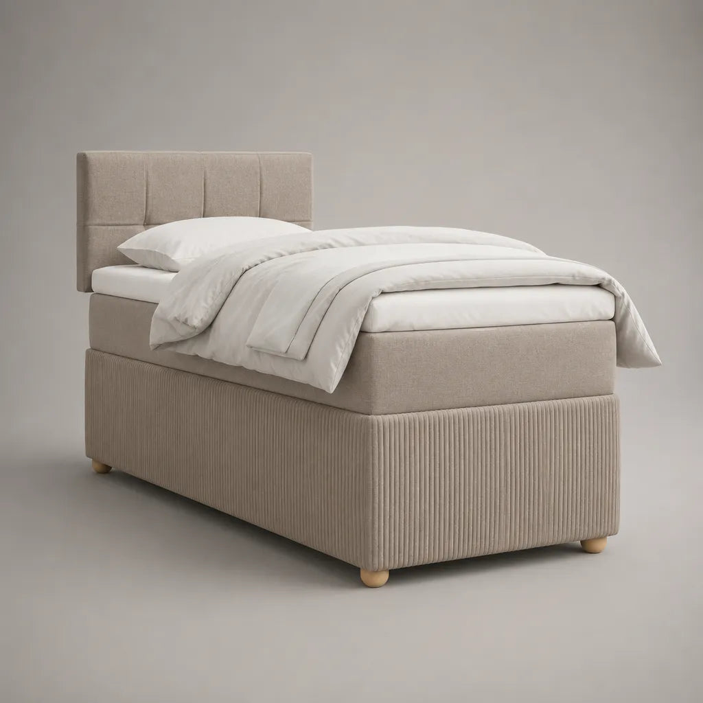 Boxspringbett-Set mit Taschenfederkernmatratze, gepolstertem Kopfteil und Polyesterbezug, Beige, 90 × 200 cm