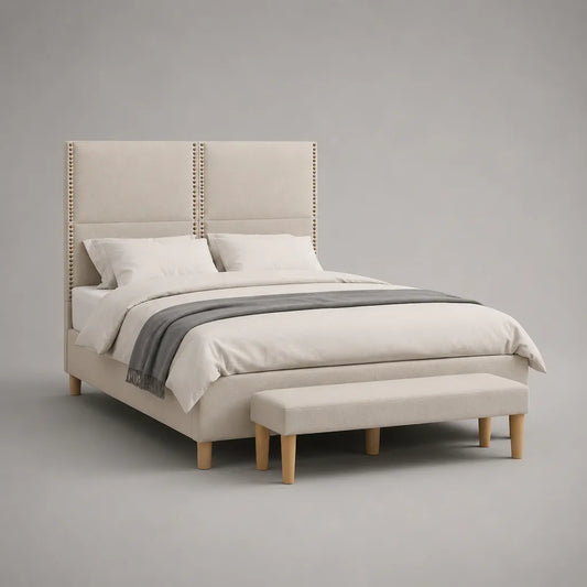 Zweiteiliges Polsterbett mit Bettbank, Stoffbezug und Holzrahmen, Beige und Naturfarben, Liegefläche 180 × 200 cm, Bett 216 × 194 × 160 cm, Bank 140 × 42 × 45 cm