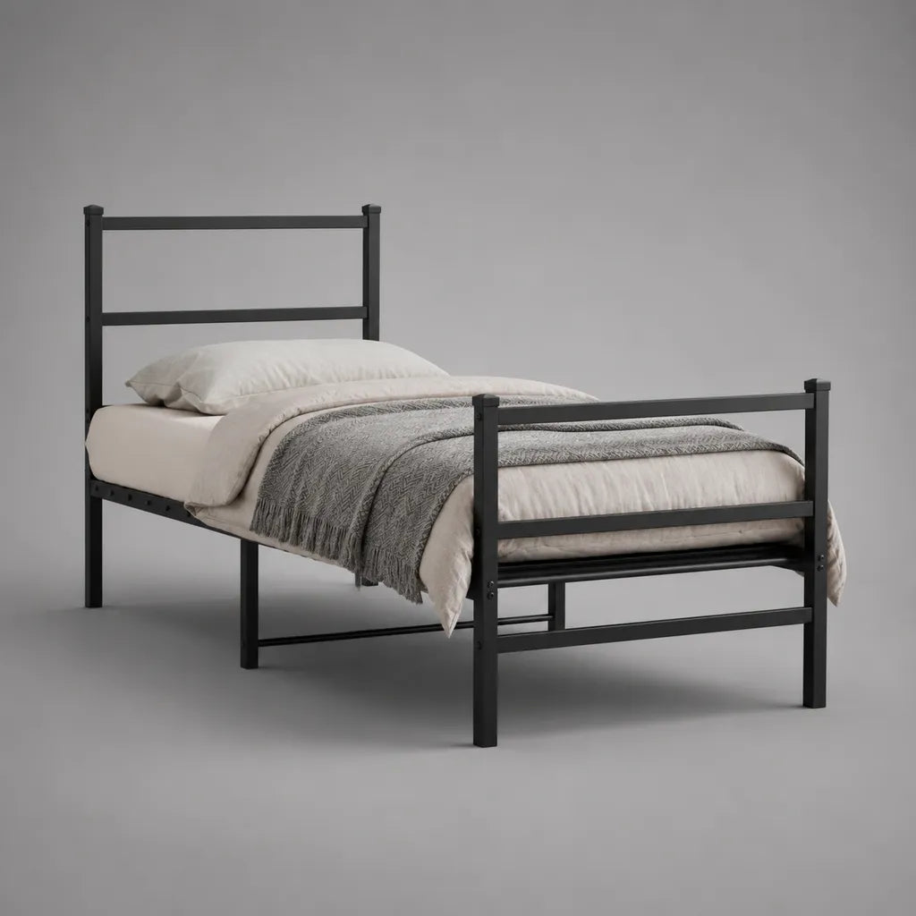 Metallbett Einzelbett aus pulverbeschichtetem Stahl, Schwarz, Liegefläche 90 × 200 cm