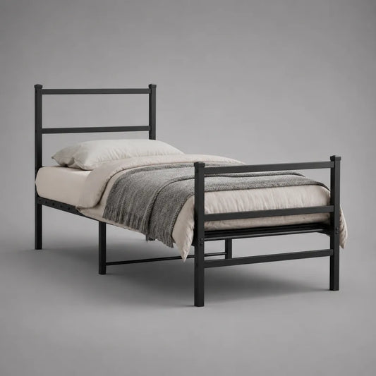 Metallbett Einzelbett aus pulverbeschichtetem Stahl, Schwarz, Liegefläche 90 × 200 cm