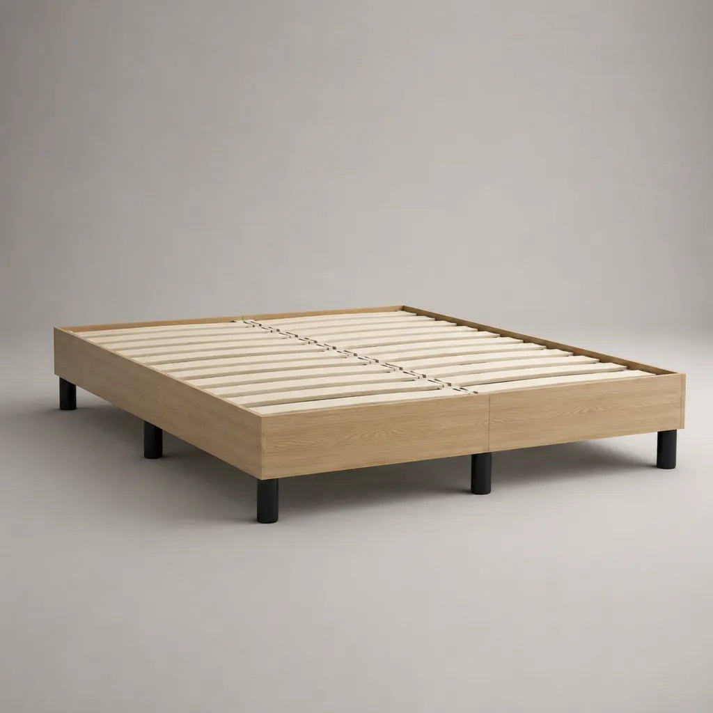 Doppelbett-Bettgestell mit Lattenrost aus Eichenfurnier, Kiefer-Massivholz und Stahl, Natur/Schwarz, 160 × 200 cm