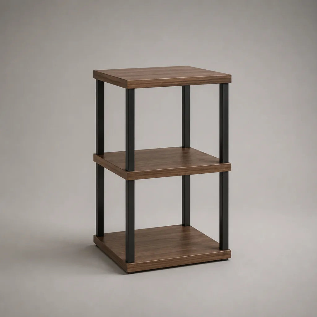 Rechteckiger Nachttisch mit 3 Ablagen aus MDF und Stahl, Braun und Schwarz, 40 × 35 × 65 cm