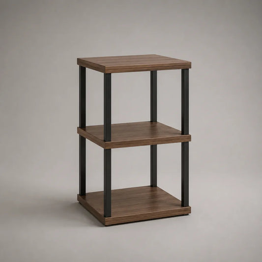 Rechteckiger Nachttisch mit 3 Ablagen aus MDF und Stahl, Braun und Schwarz, 40 × 35 × 65 cm