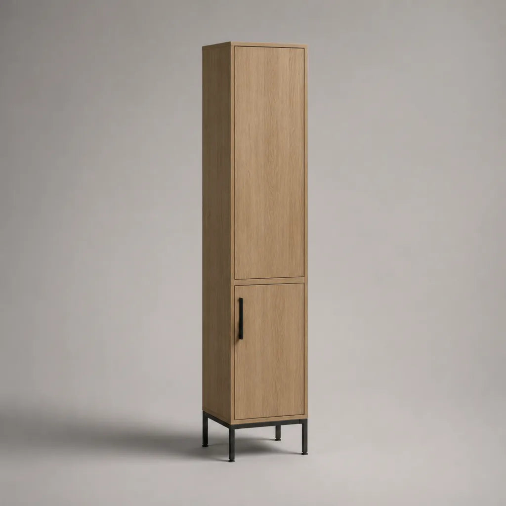 Schmaler Hochschrank mit 2 Türen, Eichenfurnier und Stahlgestell, Eiche Natur/Schwarz, 40 × 45 × 190 cm