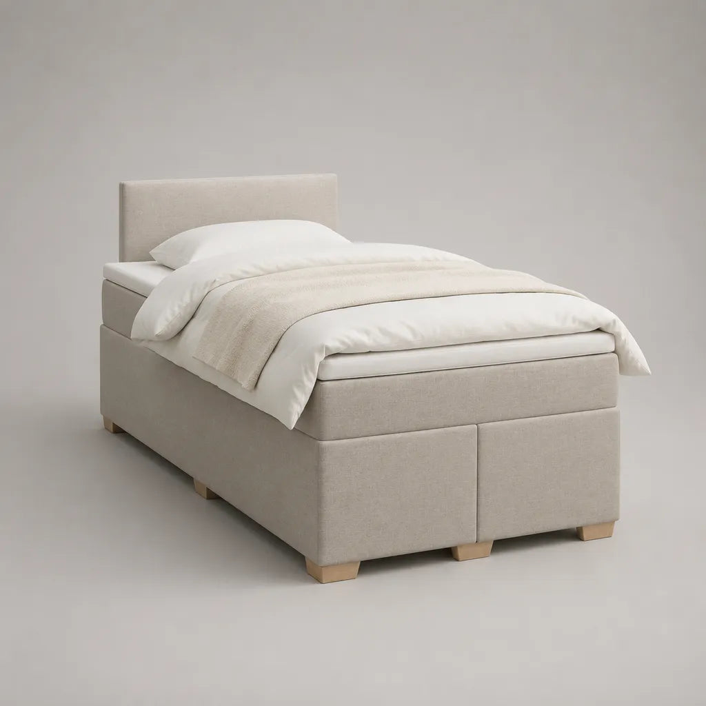 Boxspringbett-Set 90 × 200 cm mit Taschenfederkernmatratze, Topper, Stoffbezug und Kopfteil, Beige