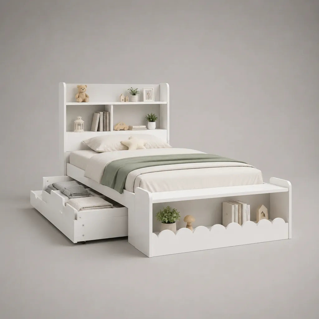 Kinderbett mit Stauraum, Bücherregal und 2 Schubladen aus melaminbeschichteter Spanplatte und MDF, Weiß, 230 × 103 × 180 cm, Liegefläche 90 × 200 cm