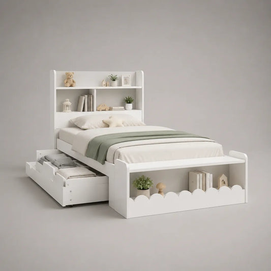 Kinderbett mit Stauraum, Bücherregal und 2 Schubladen aus melaminbeschichteter Spanplatte und MDF, Weiß, 230 × 103 × 180 cm, Liegefläche 90 × 200 cm