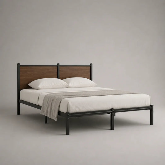 Doppelbett Metallbett mit MDF-Kopfteil, Schwarz/Walnussbraun, Liegefläche 160 x 200 cm, Gesamtmaß 207 x 166 x 112 cm