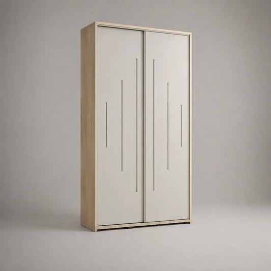 Kleiderschrank mit 2 Schiebetüren aus melaminbeschichteter Spanplatte, Eiche hell, Weiß und aluminiumfarben, 120 × 60 × 200 cm