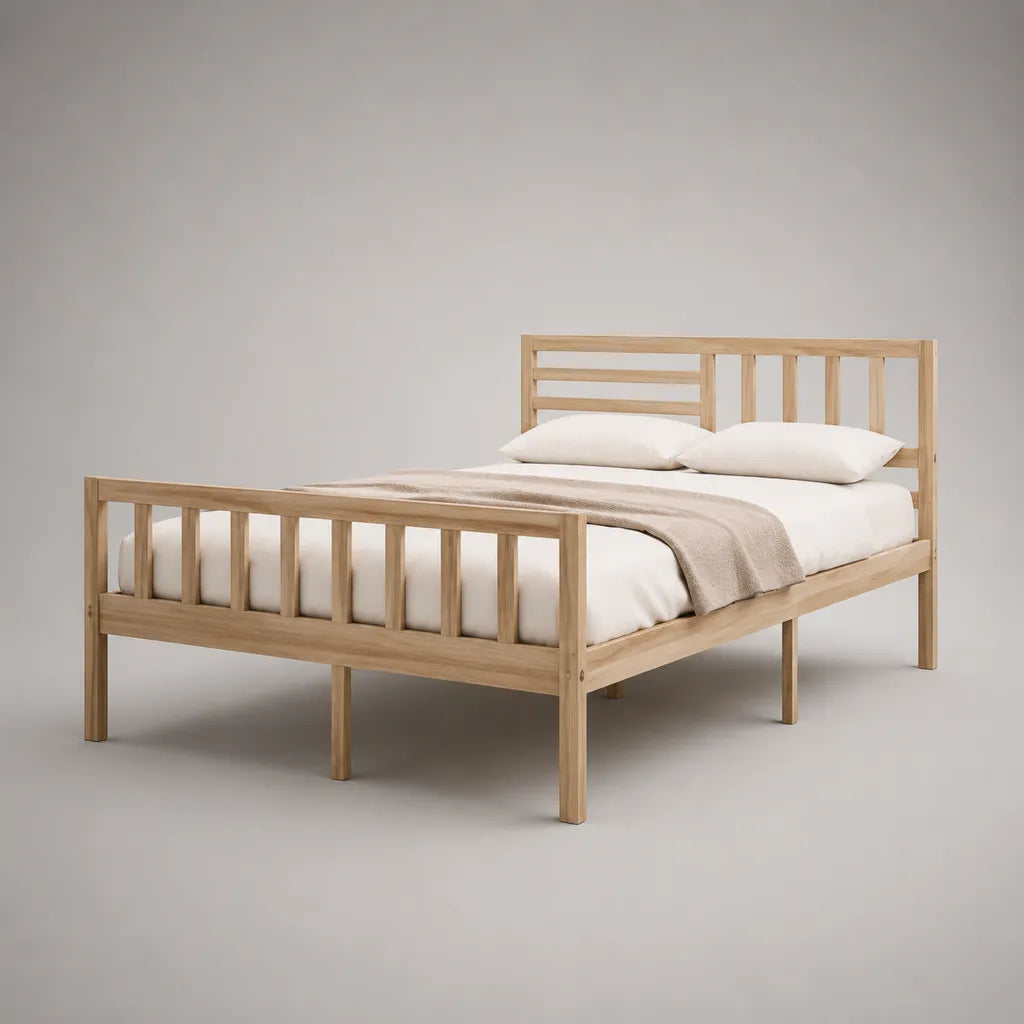 Doppelbett-Bettgestell aus massivem Kiefernholz, Natur, Liegefläche 140 × 200 cm, Gesamtmaß 208 × 148 × 90 cm