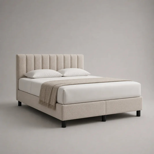 Polsterbett Doppelbett mit gepolstertem Kopfteil aus Polyester-Bouclé, Beige/Schwarz, 160 × 200 cm