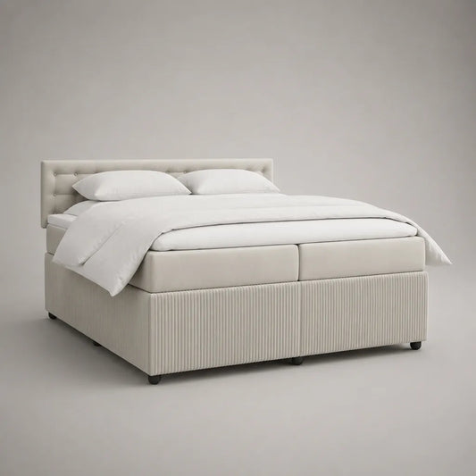 Boxspringbett 180 × 200 cm mit Taschenfederkernmatratzen, Topper und gepolstertem Kopfteil, Polyesterbezug, Cremeweiß