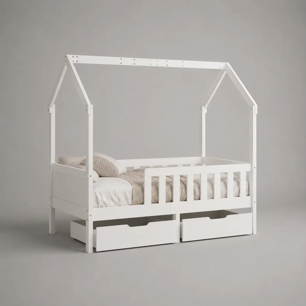 Kinder-Hausbett aus massivem Kiefernholz mit Rausfallschutz und 2 Schubladen, 207 x 98 x 176 cm, Liegefläche 90 x 200 cm, Weiß