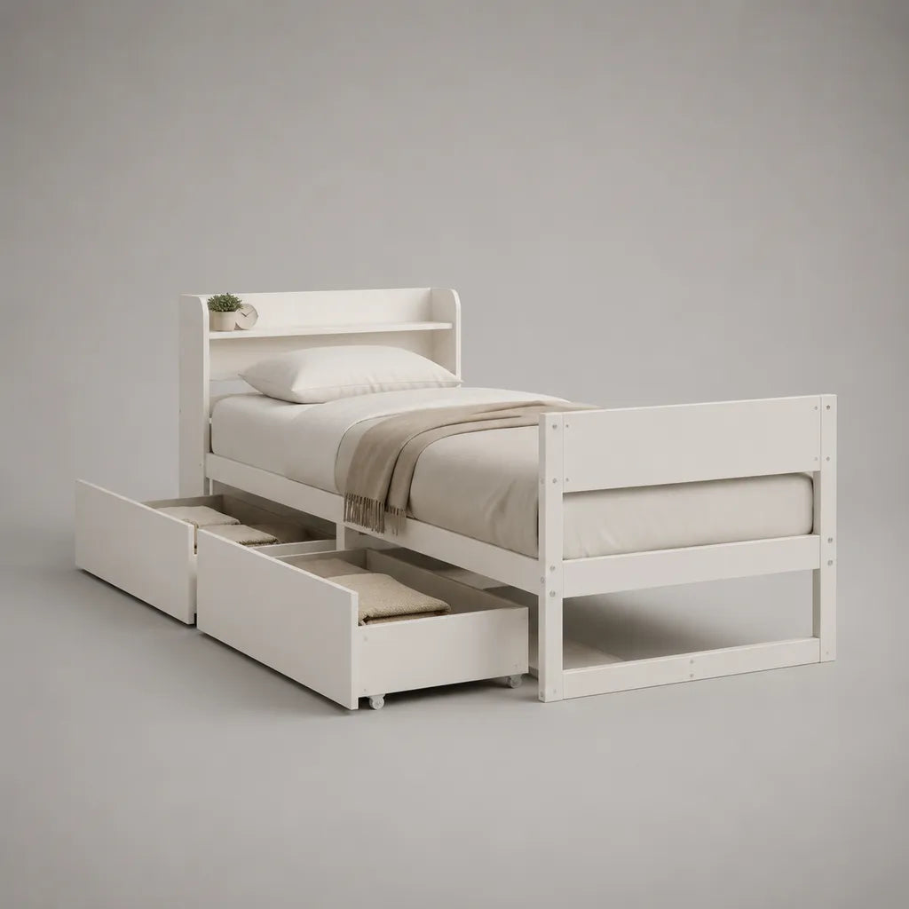Einzelbett aus Massivkiefer und MDF mit Kopfteilregal und 2 Schubladen, Weiß, Liegefläche 90 × 200 cm, Gesamtmaß 218 × 99 × 120 cm