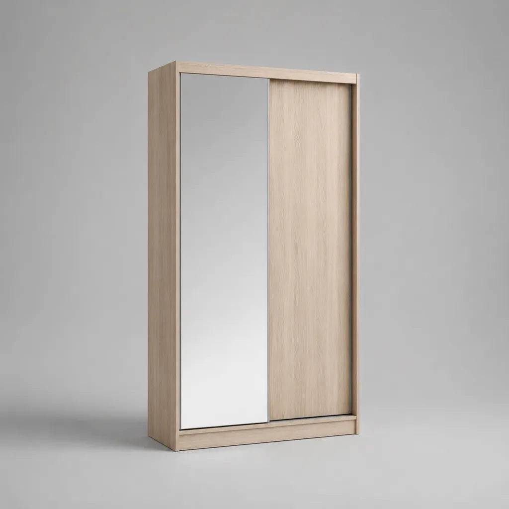Schwebetürenschrank mit Spiegel, 2 Türen, Eiche hell/Silber, 120 x 60 x 200 cm, melaminbeschichtete Spanplatte