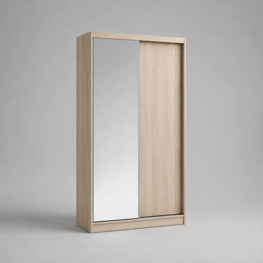 Schwebetürenschrank mit Spiegel, 2 Türen, Eiche hell/Silber, 120 x 60 x 200 cm, melaminbeschichtete Spanplatte