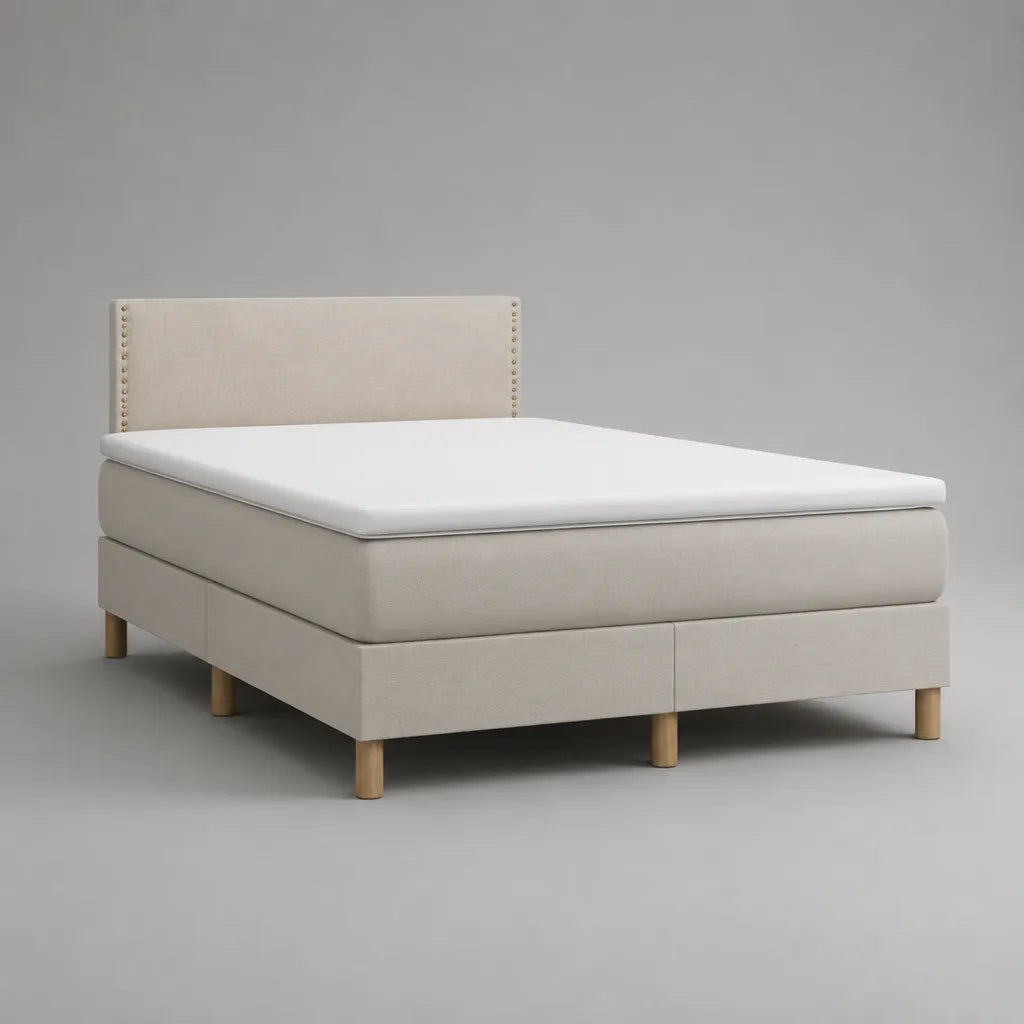 Boxspringbett-Komplettset mit Taschenfederkernmatratze, PU-Schaum-Topper und Stoffbezug, Beige/Weiß, 160 × 200 cm